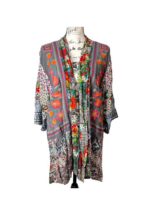 Vincente Tops - Vincente Womens Size L Open Front Kimono Embroidered Floral Boho Cardigan Gray